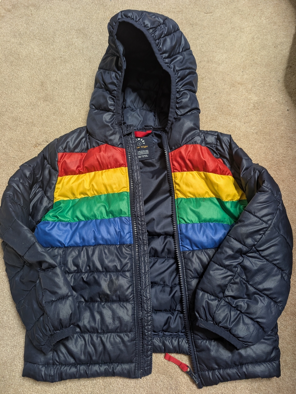 Primark Navy Hooded Puffer with Rainbow Chest Stripes